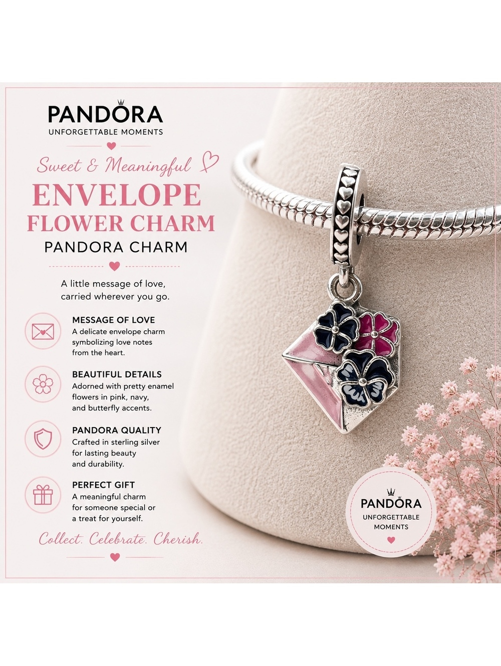 Pandora Sweet & Meaningful Envelope Flower Charm Sterling Silver